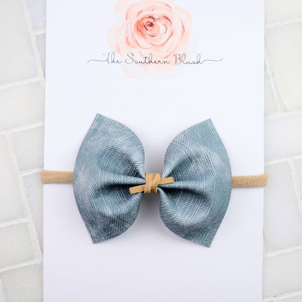 ISLA and ELLIE- Blue Denim Look Faux leather baby bow on nylon headband or clip with suede tie