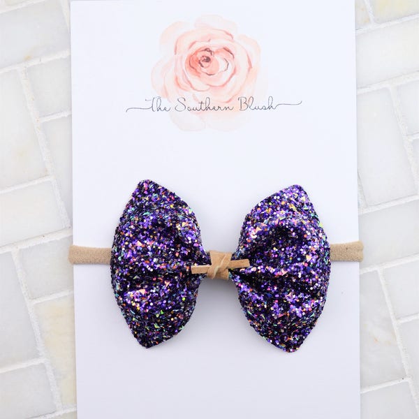 ISLA and ELLIE- Purple with Rainbow Glitz glitter baby bow on nylon headband or clip with suede tie