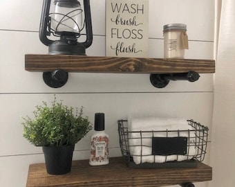 SET OF 2 Floating Shelves Wall Shelf Floating Shelf Farmhouse Decor Pipe Shelf Wood Floating Shelving Bathroom Shelf Home