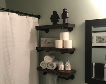 SET OF 3 Shelves w/ Towel Bar,  5 1/4", 7 1/4" or 9 1/4"  Deep Farmhouse Floating Shelves with one towel bar, Rustic Shelf Kitchen and Bath