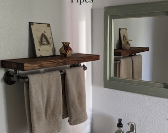 Rustic Floating Shelf w/Towel Bar,  5 1/4",  7 1/4", or 9 1/4" Deep, Industrial. bathroom, industrial pipes, antique nickel pipes, kitchen