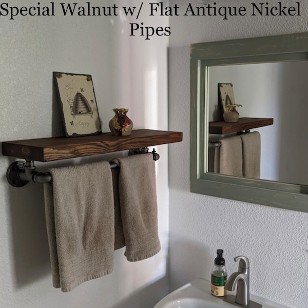 Rustic Floating Shelf w/Towel Bar,  5 1/4",  7 1/4", or 9 1/4" Deep, Industrial. bathroom, industrial pipes, antique nickel pipes, kitchen