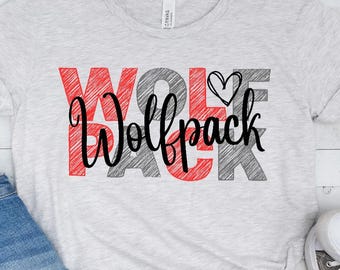 Descarga digital: Mascota escolar Wolfpack Wolf Pack Wolves, color rojo y gris, archivo PNG de sublimación, obra de arte, diseño gráfico para camisetas, béisbol, fútbol.