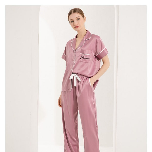 Ensemble de pyjama personnalisé manches courtes + pantalons longs pour femme, cadeau personnalisé pour maman, femme, pyjama de demoiselle d'honneur