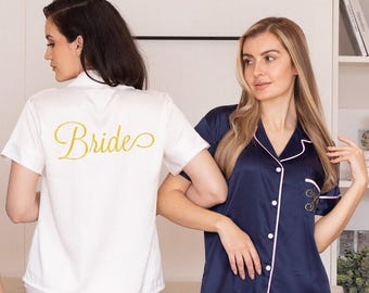 Pijama feminino de cetim manga curta + calça comprida conjunto de pijama personalizado presente para mãe esposa presente personalizado pijama de madrinha presente de proposta