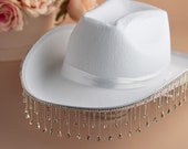 Bride Hat, Bridal shower hat, cowboy wedding,  white bride hat with Diamond Fringe KJ Inspired Cowboy Hat bridal shower hat western wedding