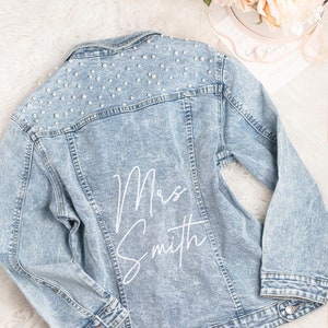 Bridal Shower Gift,Bride Denim Jacket with Pearls, Customized Personalized Jacket, Future Mrs. Mother's day gifts honeymoon Gifts, Elliana