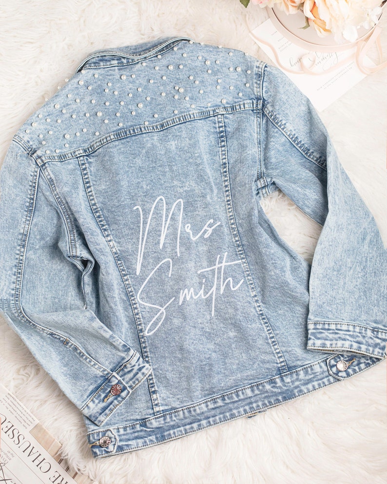 Bridal Shower Gift,Bride Denim Jacket with Pearls, Customized Personalized Jacket, Future Mrs. Mother's day gifts honeymoon Gifts, Elliana image 1