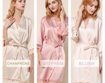 Bridal Party Robes | Silky Soft Bridesmaid Robe | Bridesmaid Proposal Gift  Lace Trim Wedding Robes | Set of Getting Ready Robes pink blush