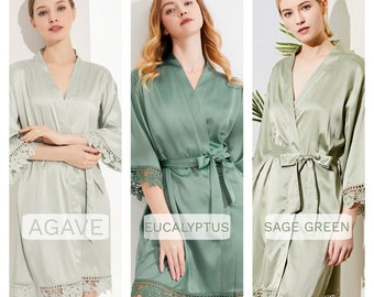 Bridal Party Robes | Silky Soft Bridesmaid Robe | Bridesmaid Proposal Gift  Lace Trim Wedding Robes | Set of Getting Ready Robes Sage Green