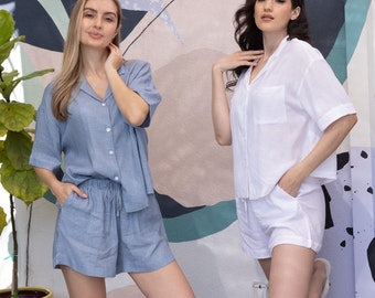 Linen Blending Bridesmaid Pajamas Valentine's Day Pajamas Gift, Linen Pajamas, Boho Bridesmaid Pajamas, Natural Gift for Her bride pajama