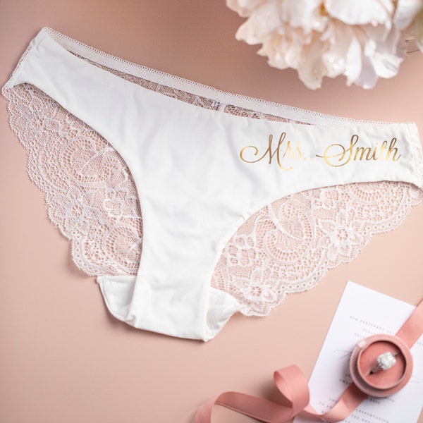 Gepersonaliseerde cadeau voor haar Bruid Slipje Kanten Bruiloft Ondergoed Bruidsdouche Cadeau Vrijgezellenfeest Gepersonaliseerde Huwelijksreis Kerstcadeau