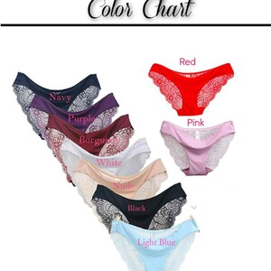 May include: A color chart of panties in various colors, including navy, purple, burgundy, white, nude, black, and light blue. Each pair features a lace trim. The text "Panties Color Chart" is at the top.