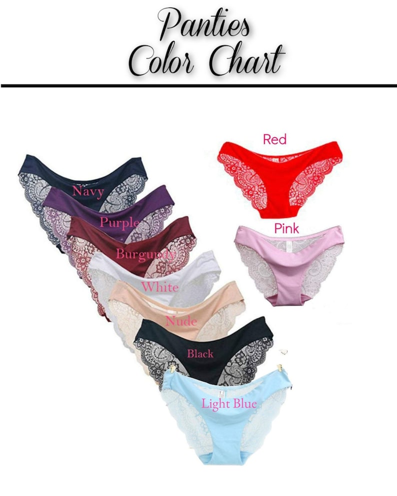 May include: A color chart of panties in various colors, including navy, purple, burgundy, white, nude, black, and light blue. Each pair features a lace trim. The text "Panties Color Chart" is at the top.