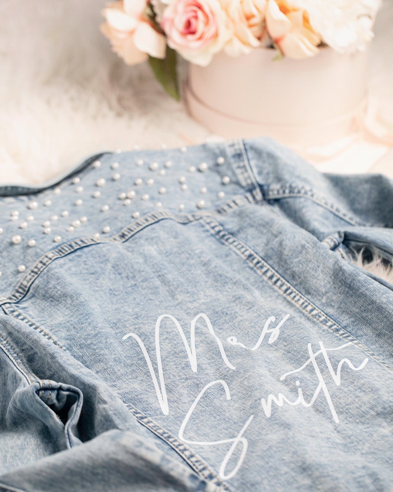 Bridal Shower Gift,Bride Denim Jacket with Pearls, Customized Personalized Jacket, Future Mrs. Mother's day gifts honeymoon Gifts, Elliana image 2