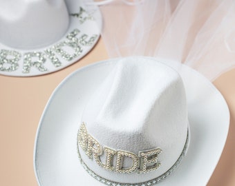 Sombrero de despedida de soltera, corona de novia, velo de tul, sombrero fedora con cuentas de perlas, regalos de boda para novia, regalos de despedida de soltera, regalo de novia