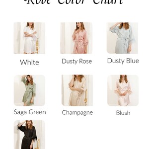 May include: A color chart showing different colors of robes with feather trim. The colors are white, dusty rose, dusty blue, saga green, champagne, blush, and black.