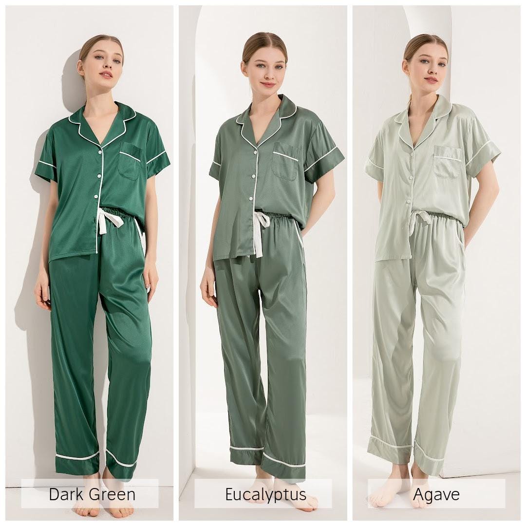 Satin Pajama Short Sleeve+ Long Pants women's Pajamas Customized Pj's Set Gift for Mom  Wife Personalized Gift Bridesmaid Proposal