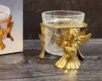 Tiny vintage crackle glass brass angel votive holder. Brass Christmas Angel candle holder with crackle glass insert. Original box.
