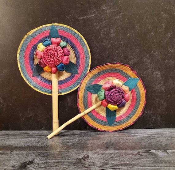 Vintage Mexican floral hand fans.  Bright colorfu… - image 1