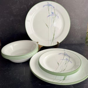 May include: A white dinnerware set featuring a floral design with blue and purple irises. The plates and bowl have a green border. The set includes dinner plates, salad plates, and a serving bowl.