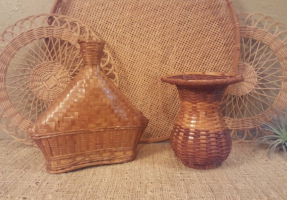 Wicker Basket Vases Vintage Rattan Vases Set Of 2 Unique Etsy