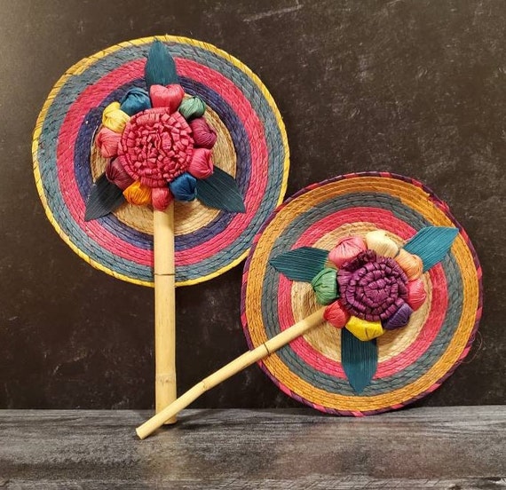 Vintage Mexican floral hand fans.  Bright colorfu… - image 2
