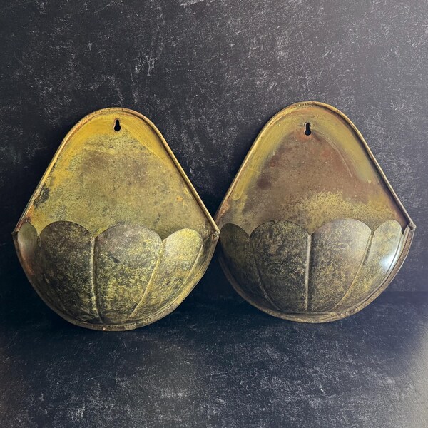 Vintage Brass Wall Planters Pair | Aged Patina Wall Pockets | Sculptural Metal Decor
