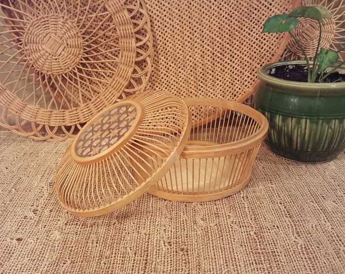 Vintage Bamboo Basket With Lid. 7 Inch Basket With Wood Etsy