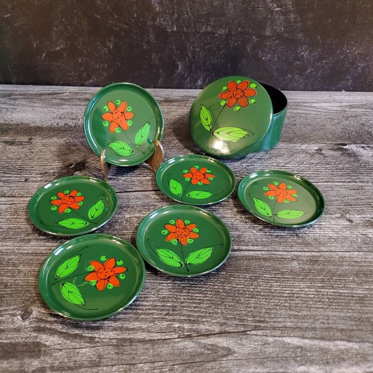 Melamine coasters with caddy. 5 vintage round floral coasters Etsy