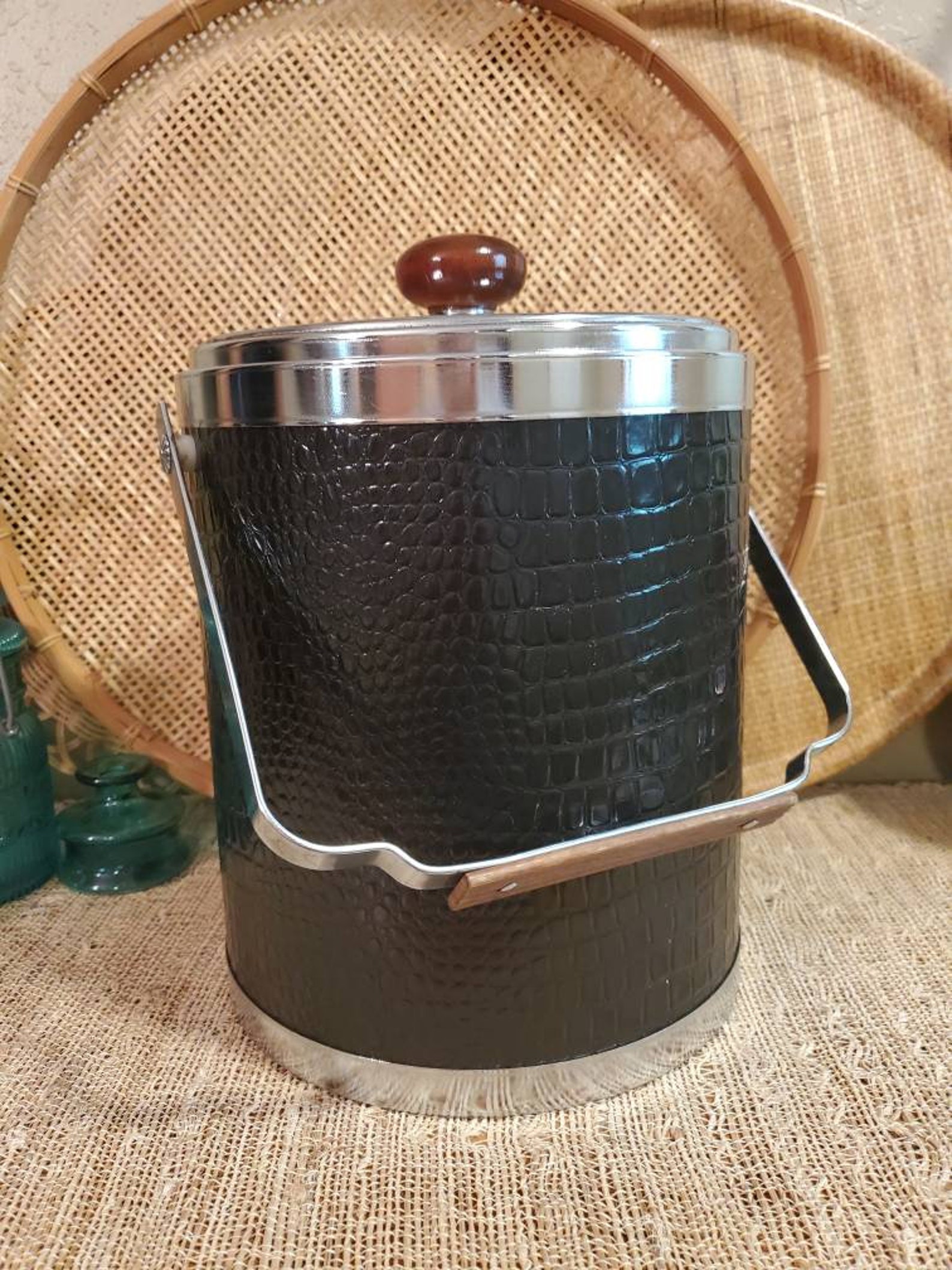 Vintage ice bucket with lid. Chrome and faux alligator bucket | Etsy