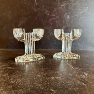 Vintage Anchor Hocking Queen Mary candlestick holder pair.  Vintage Art Deco glass candle holders.