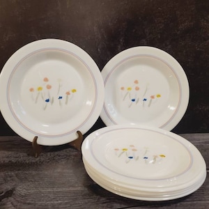 Vintage Arcopal Pastoral floral salad plates.  French milk glass 7.5&quot; plates with pink, yellow and blue flowers.