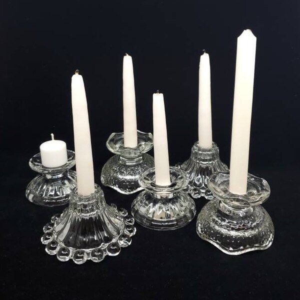 Vintage mismatched glass candle holders. 6 candlestick collection.  Home Interiors, Boopie Berwick, Farmhouse, wedding.