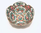 Stamped Rose Medallion Asian Chinoiserie Ceramic Bowl with Scalloped Rim Edges