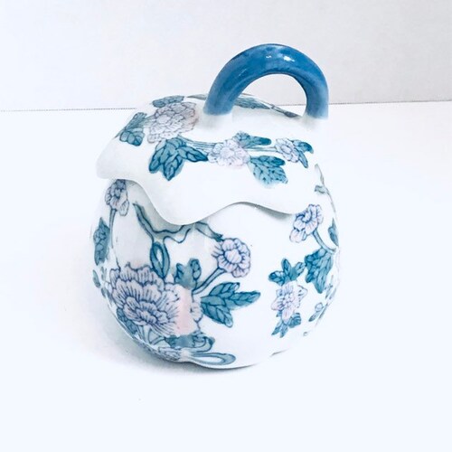 Blue and White Chinoiserie Style Floral Ceramic Pumpkin Gourd Lidded Jar