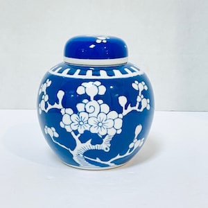 Blue and White Cherry Blossom Prunus Chinoiserie Ginger Jar Vase with Lid