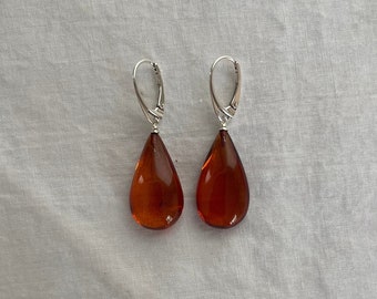 Cognac Baltic Amber Large Teardrop Dangle Earring 925 Sterling Silver