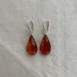 Cognac Baltic Amber Large Teardrop Dangle Earring 925 Sterling Silver