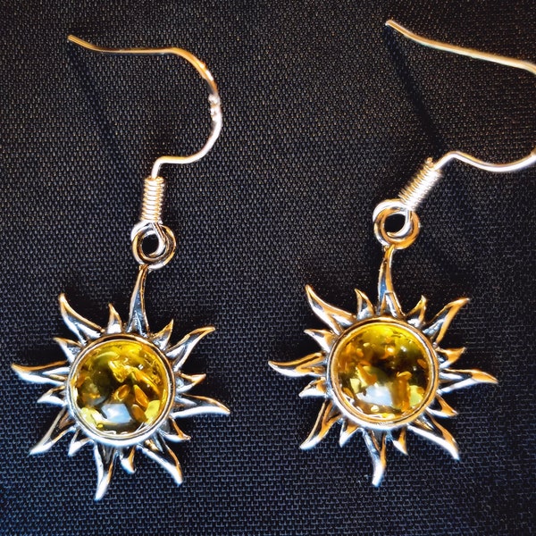 Lemon Baltic Amber Sun Dangle Earring, Sun Amber Earrings. Sun Jewelry