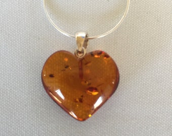 Natural Baltic Amber Puffy Heart Pendant on 18'' Sterling Silver Italian Chain