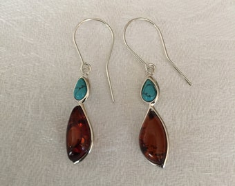 Amber & Turquoise Dangle Earrings 925 Sterling Silver