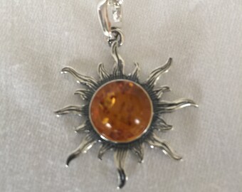 Collana Celtica Sole E Luna In Argento Sterling Placcato Oro Con Ambra Baltica - Ciondolo Rotondo E Catena A Serpente, 45-50cm