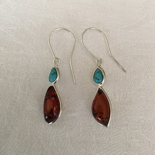 Amber & Turquoise Dangle Earrings 925 Sterling Silver