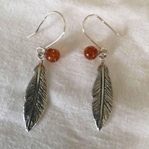 Feather Earrings with Baltic Amber Ball Sterling Silver