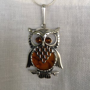 Baltic Amber Owl Pendant with 925 Sterling Silver Italian Snake Chain