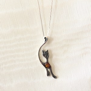 Silver and Cognac Baltic Amber Cat Necklace-925 Sterling Silver 18&#39;&#39;Italian Box Chain