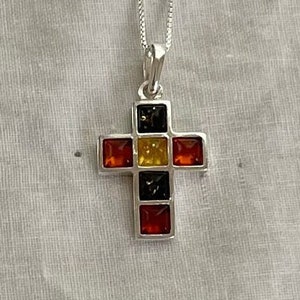 Mixed Color Baltic 925 Silver Silver Amber Cross Pendant with 18&quot; Chain Sterling Silver