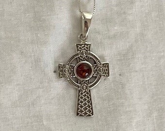 Celtic Cross Pendant with Cognac Baltic Amber Round Center on 18" 925 Sterling Silver Chain