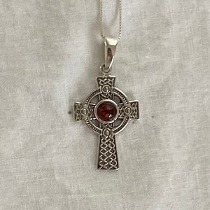 Celtic Cross Pendant with Cognac Baltic Amber Round Center on 18&quot; 925 Sterling Silver Chain